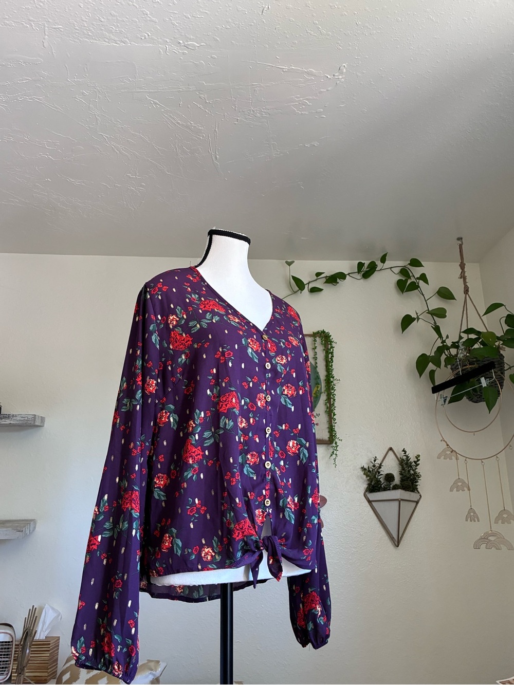 J for Justify Purple Floral Tie-Front V-Neck Blouse with Red Rose Print